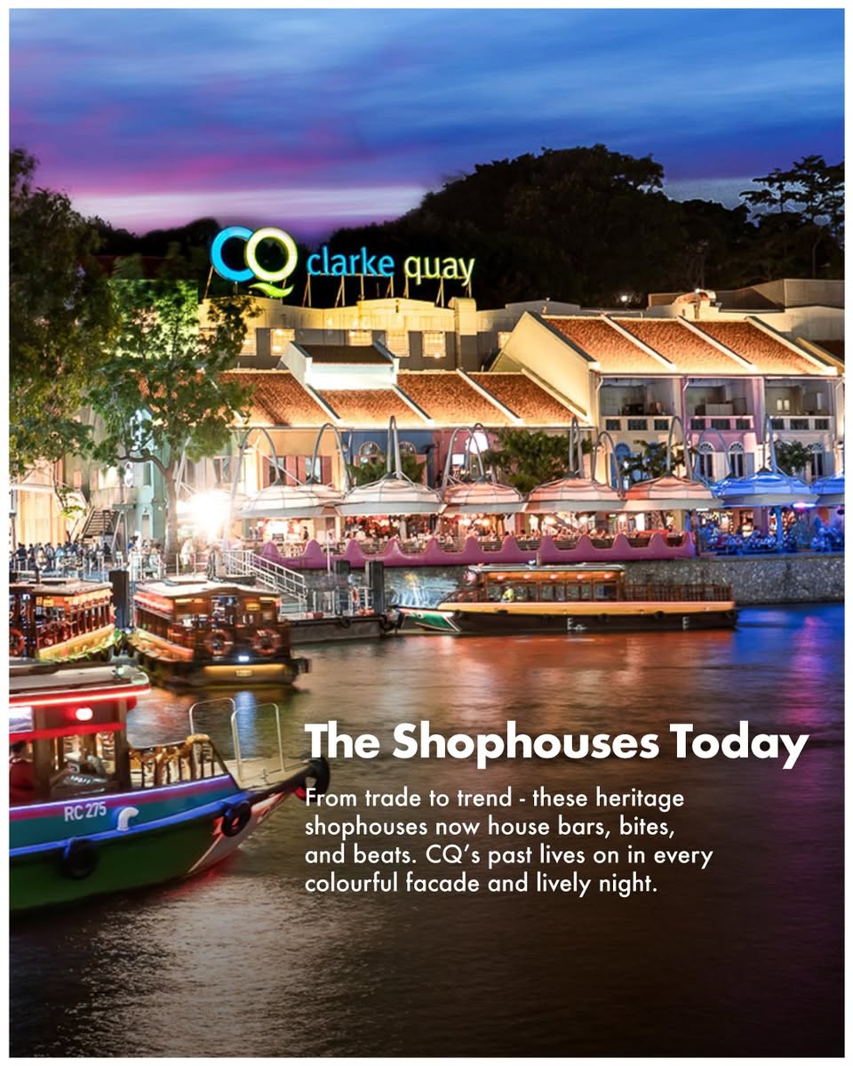 Historic shophouses blending with modern architecture at a lively quay.