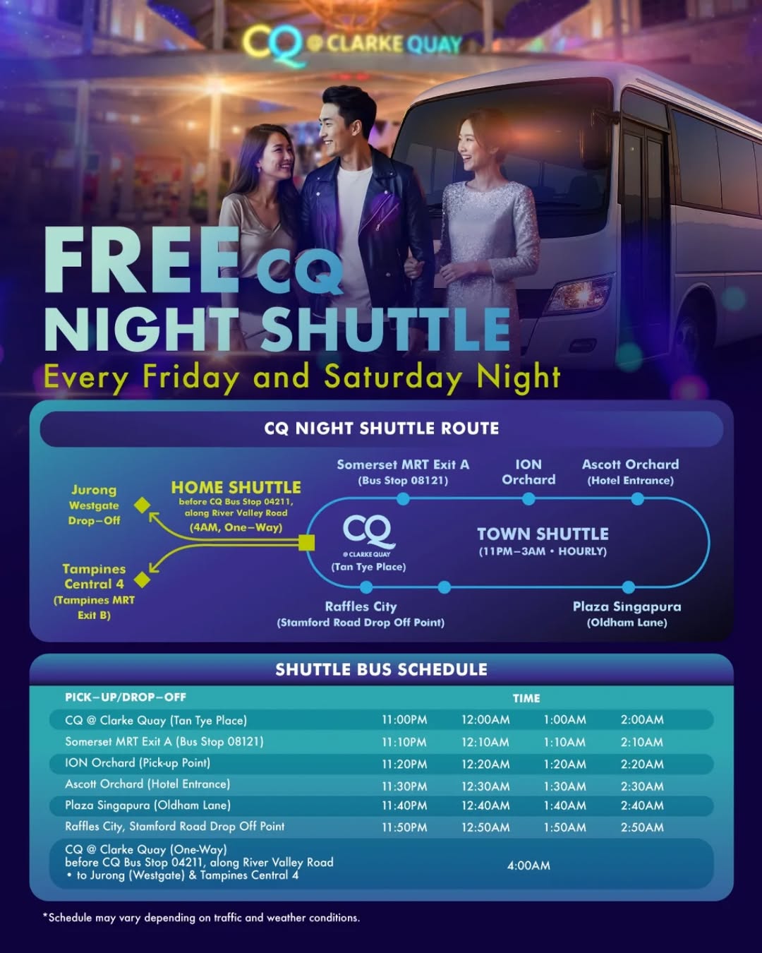 A promotional image for the CQ Night Shuttle service, showcasing a modern bus at night.