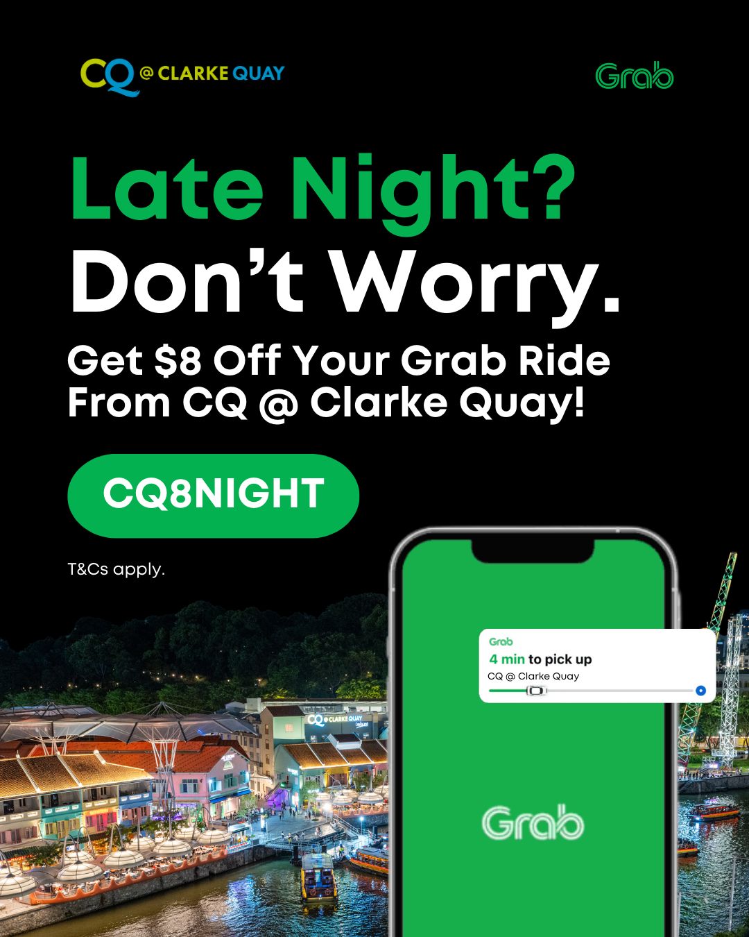 A person enjoying a night out, with a city skyline in the background, hinting at convenient late-night travel.
