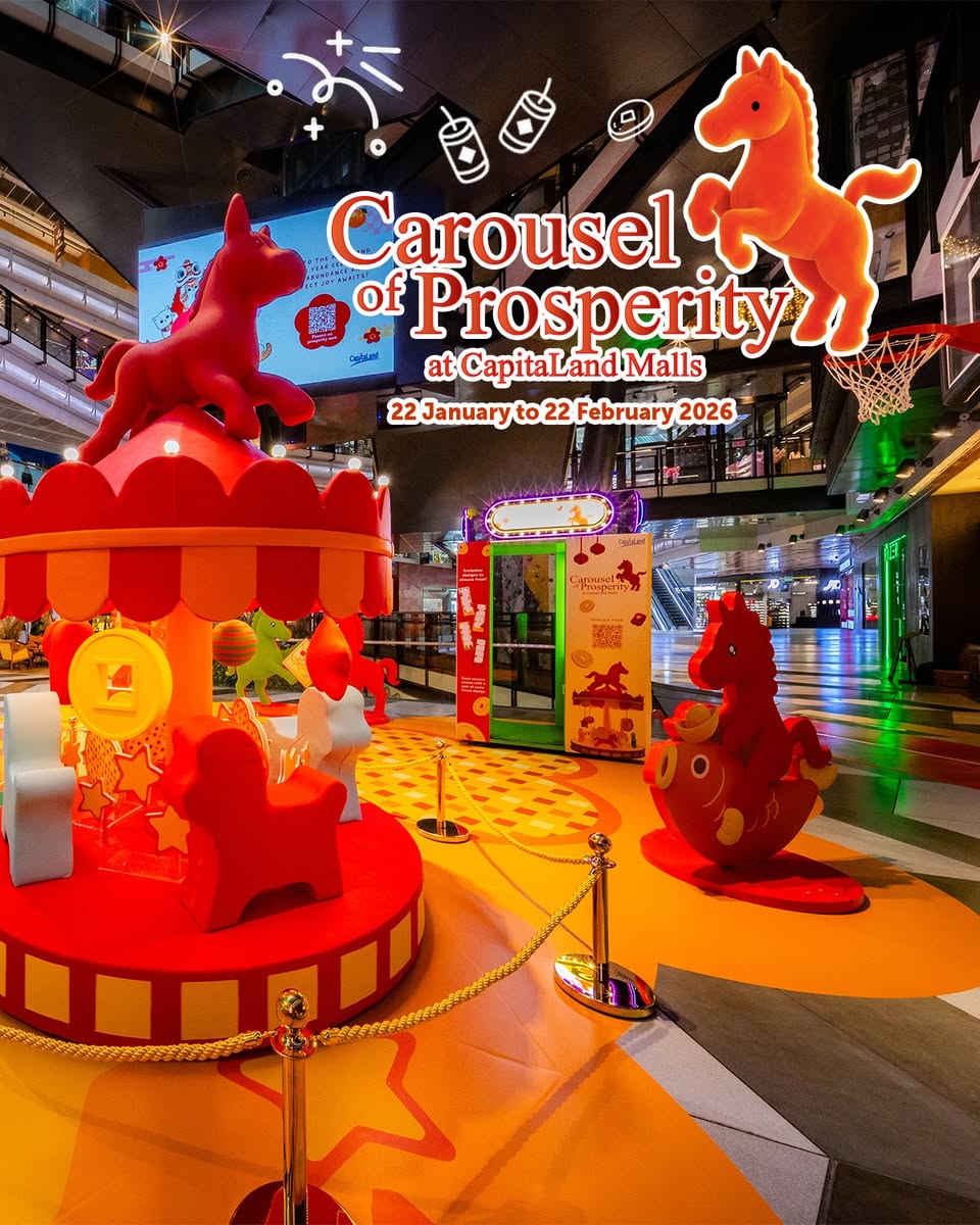 A dazzling rotating horse carousel decorated for Chinese New Year