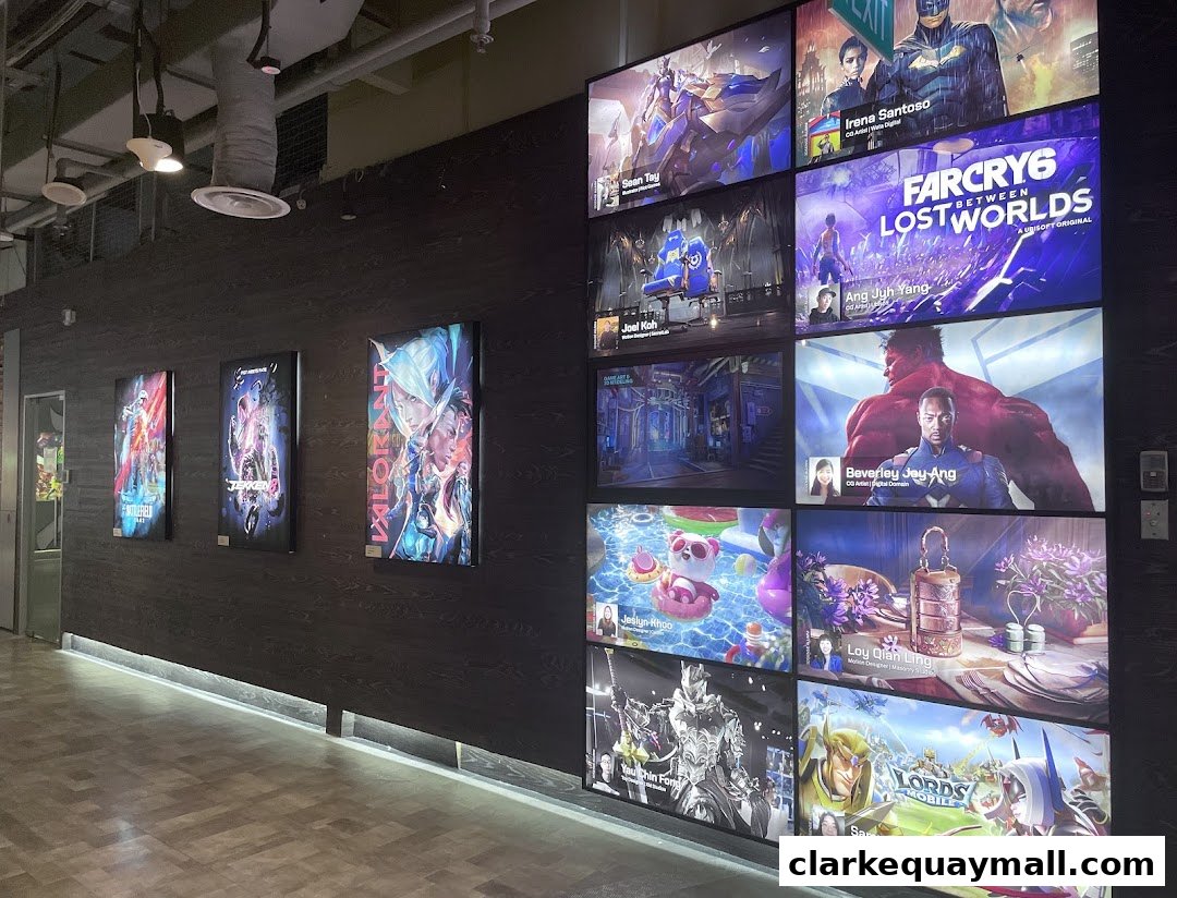 A wall display showcasing digital art and game promotions with names and job titles.