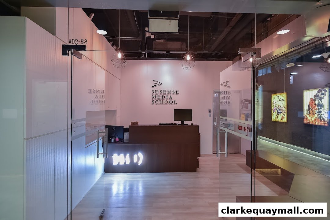 The entrance to 3dsense Media School, featuring a reception desk and modern interior design.