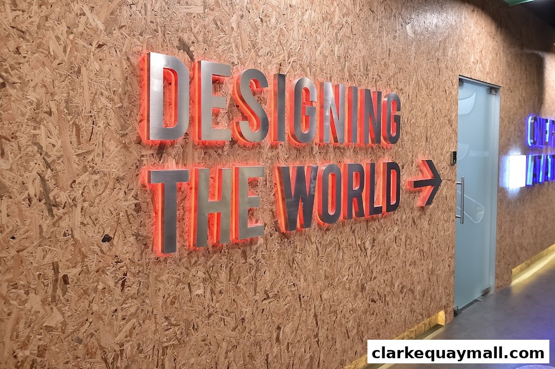 A wall with illuminated metal letters spelling 'DESIGNING THE WORLD' and an arrow.