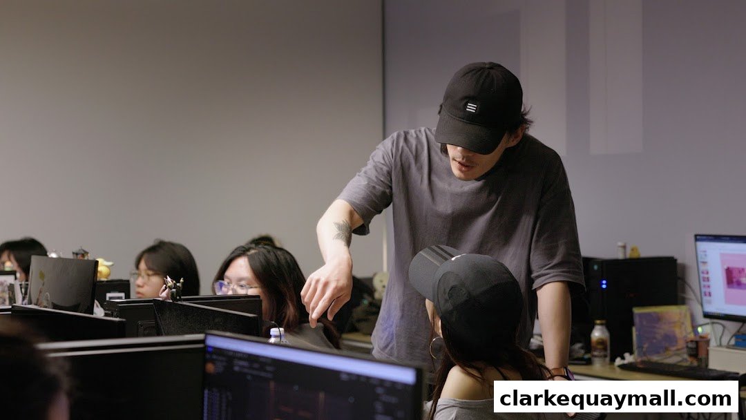 A man in a cap instructs a woman at a computer in a modern office setting.