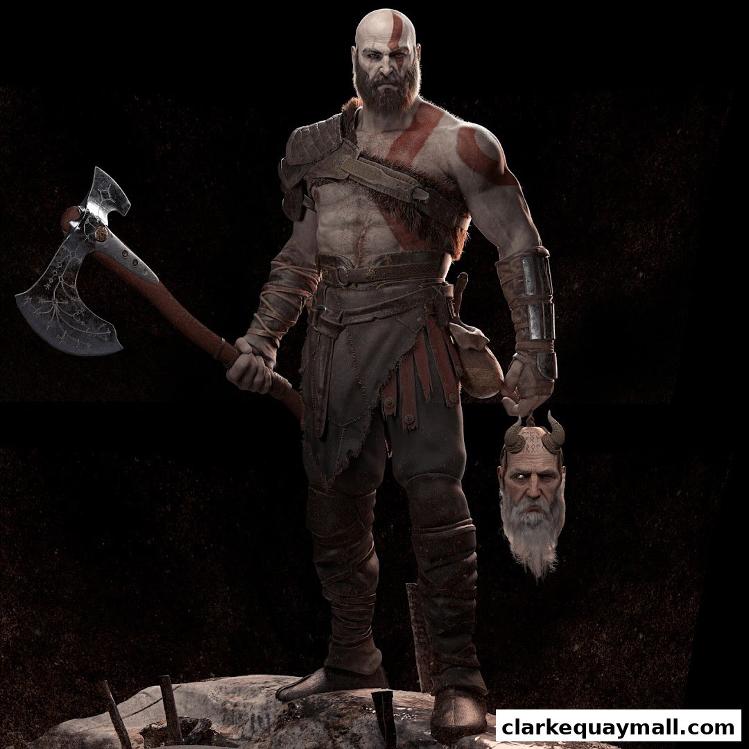 A fierce warrior, Kratos, holds an axe and a severed head.