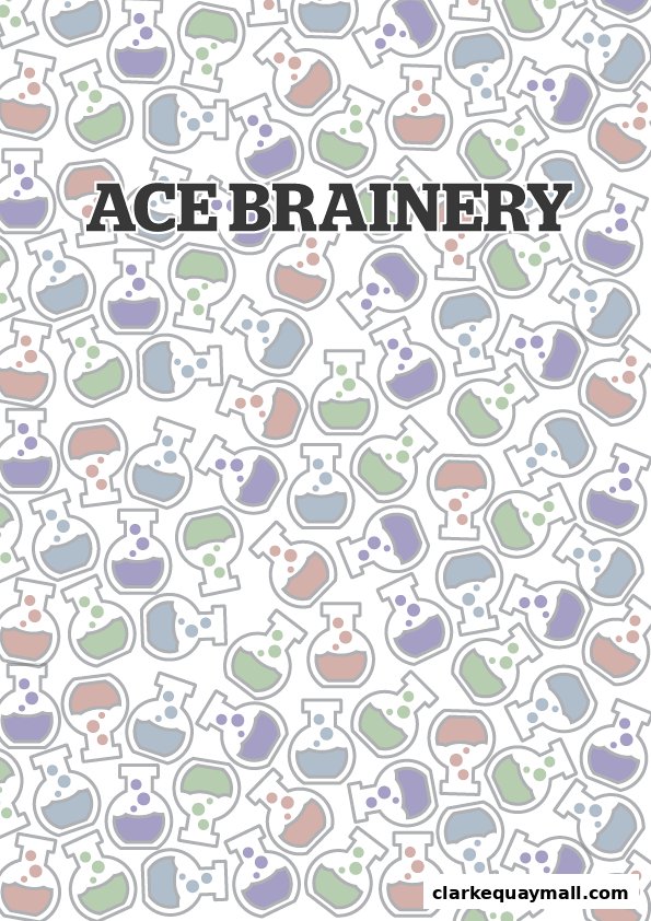 A graphic design featuring the text 'ACE BRAINERY' over a pattern of colorful laboratory flasks.