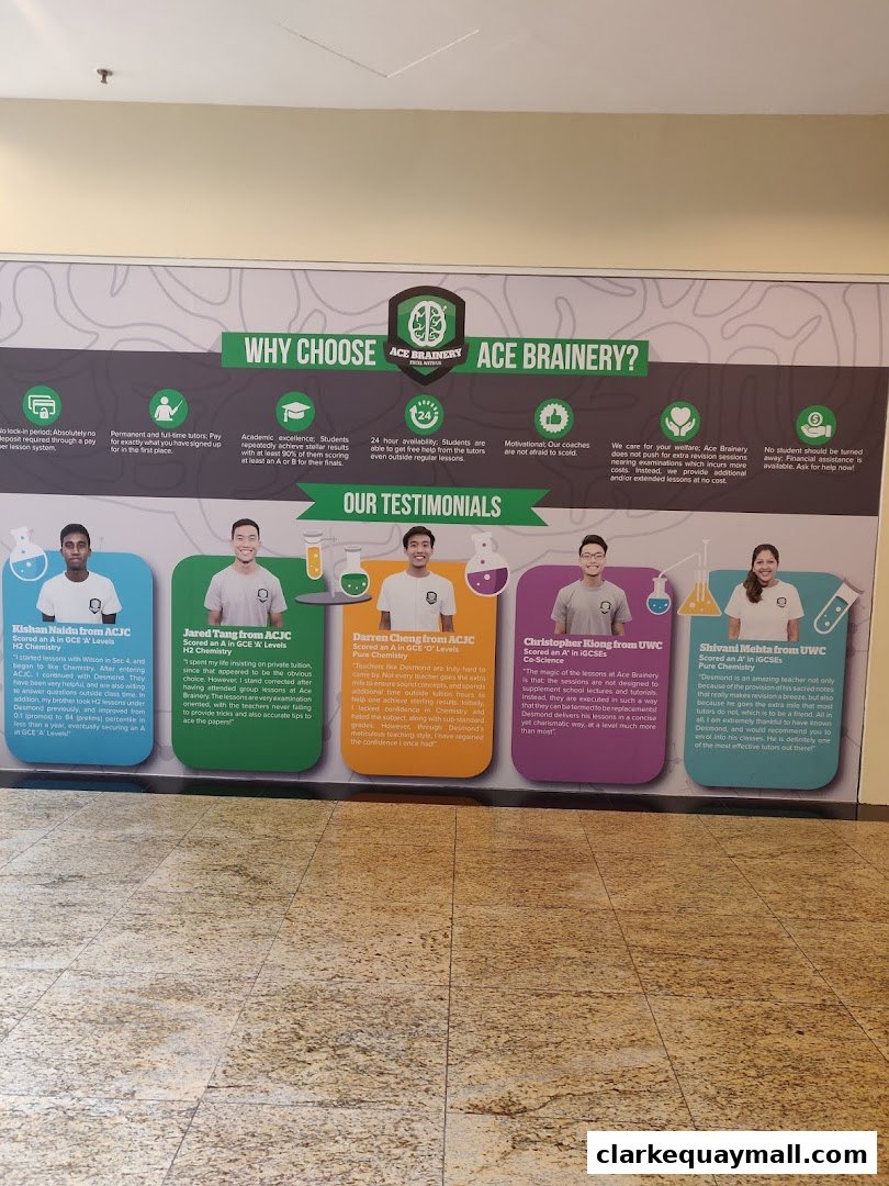 A wall display featuring testimonials and reasons to choose Ace Brainery.