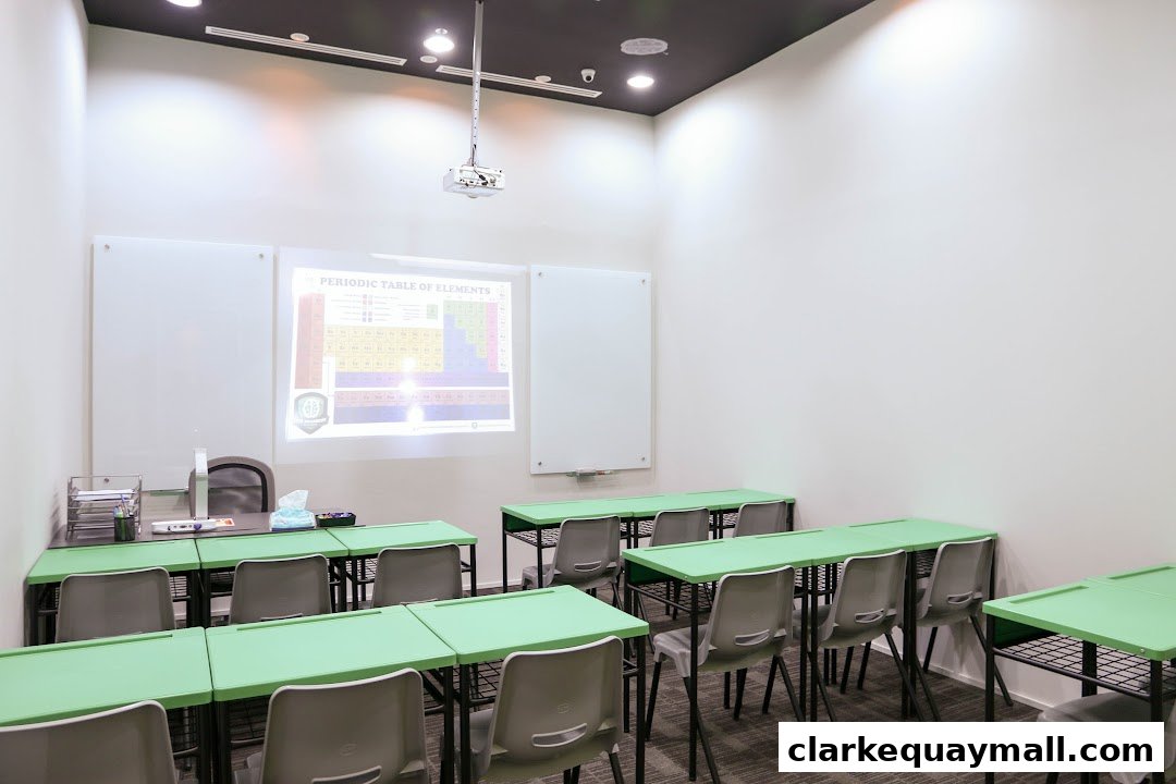 A classroom setting with desks, chairs, and a projector displaying the periodic table.