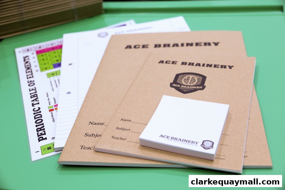 Ace Brainery branded notebooks and a periodic table sheet are displayed.
