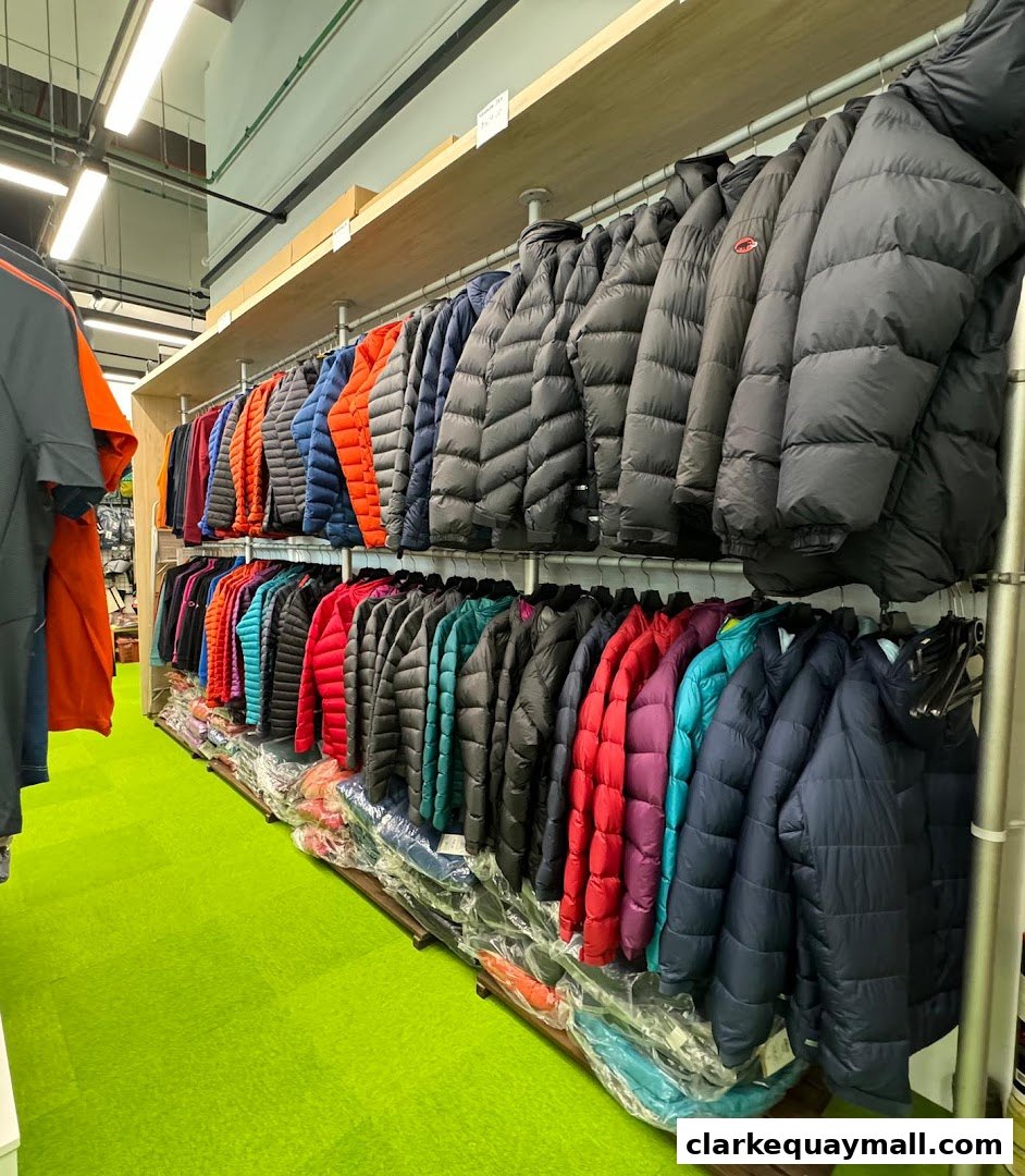 A wide selection of colorful puffer jackets displayed on racks inside a store.