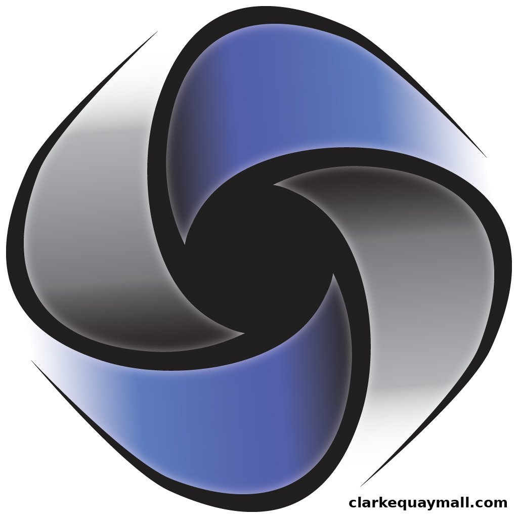 A stylized logo with swirling blue and gray elements on a black background.