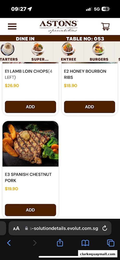 A digital menu displaying various meat dishes with prices and 'Add' buttons.