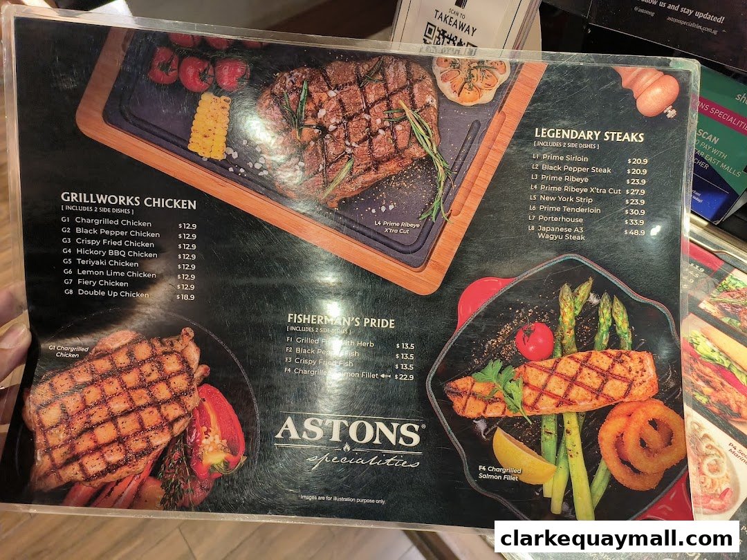 A menu from ASTONS Specialities featuring grilled chicken, steaks, and fish dishes with prices.