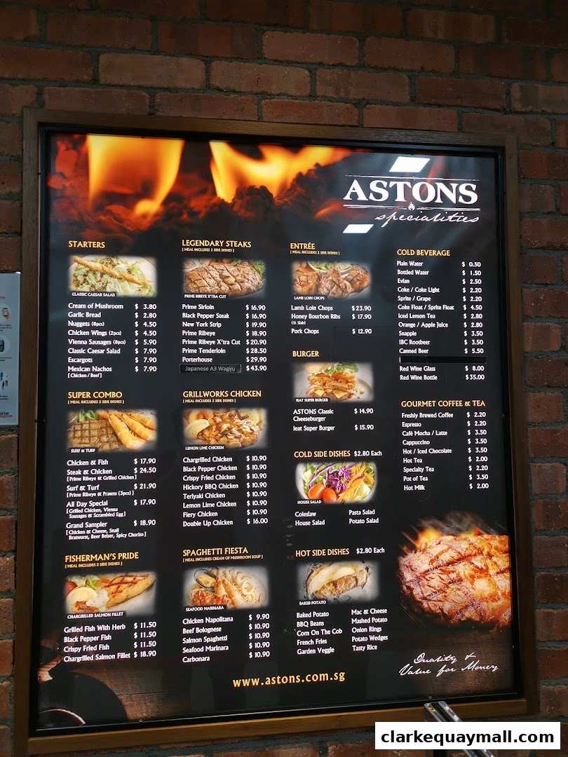 A menu board for ASTONS Specialities featuring various steak, chicken, seafood, and side dishes.