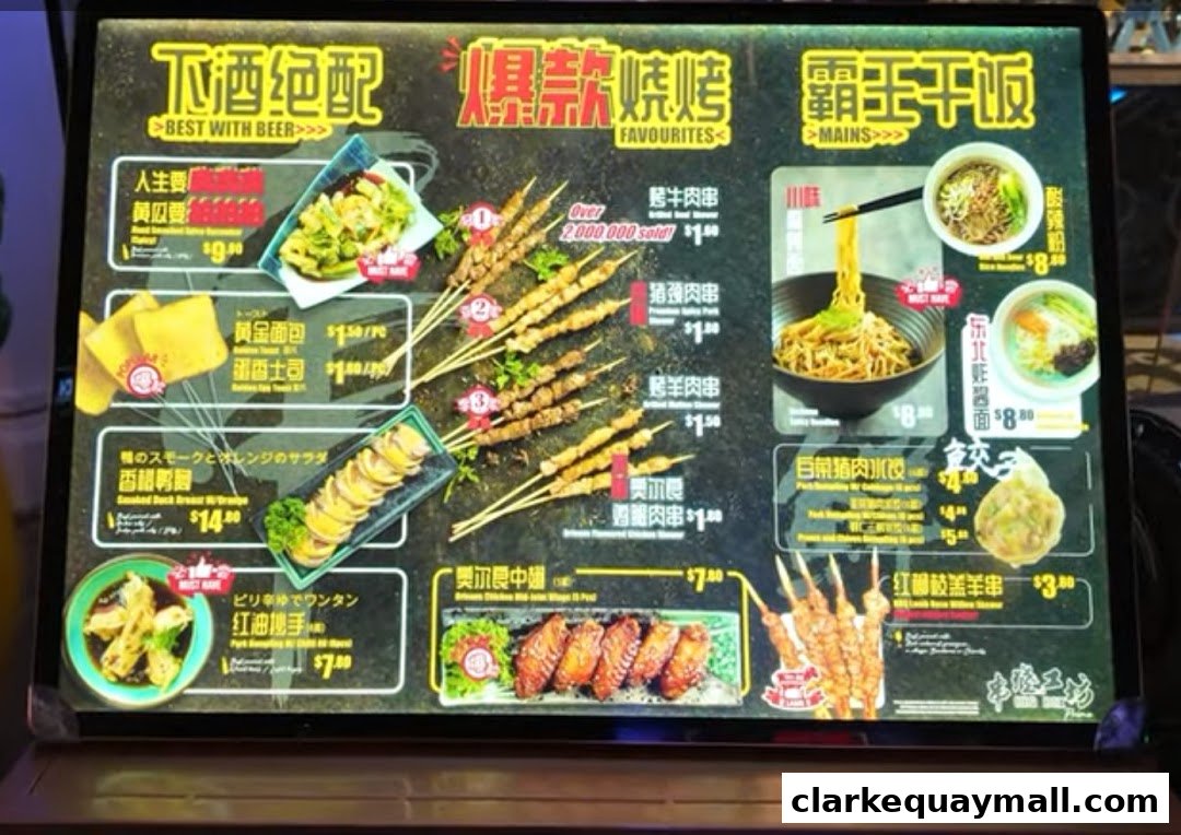 A digital menu board displaying various skewers, noodles, and other dishes with prices.