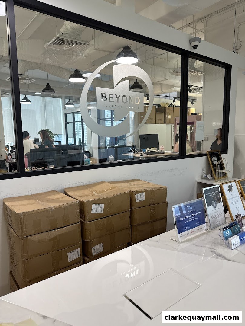 Interior view of Beyond Medical Group with stacked boxes and office setup.