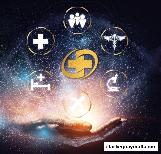 A hand holds glowing medical icons against a starry background.