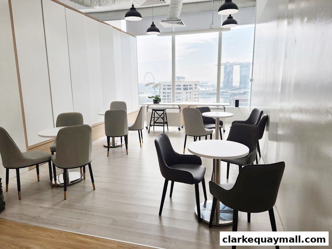 Modern waiting area with tables and chairs overlooking a city skyline.