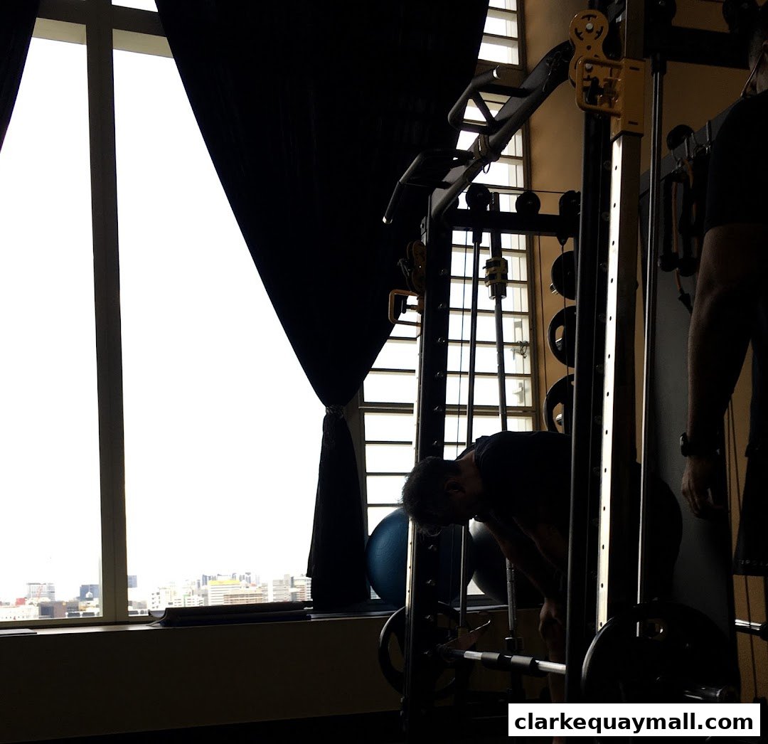 A person is exercising with a weight machine in a gym with a large window.