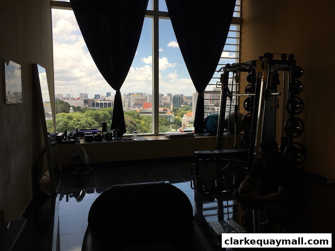 Interior of a gym with weight equipment and a scenic city view.