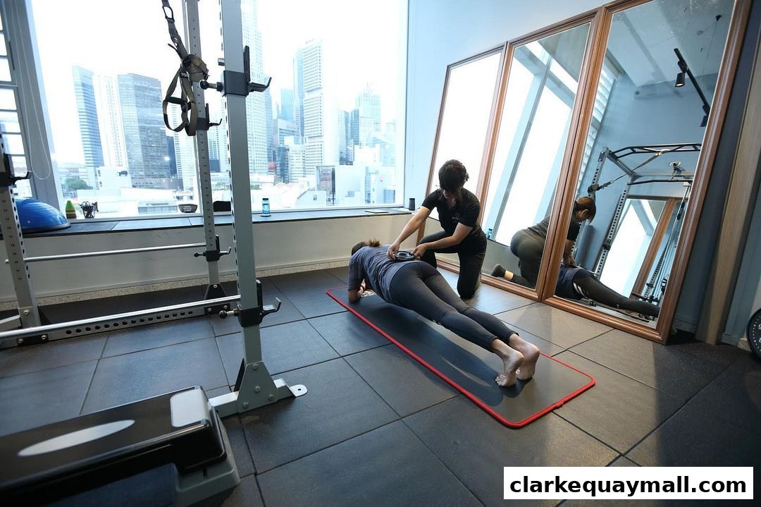 A trainer assists a client with a plank exercise in a gym with city views.
