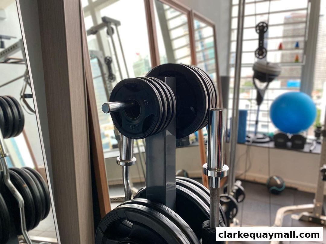 A close-up of weight plates on a rack in a gym, with other equipment visible.