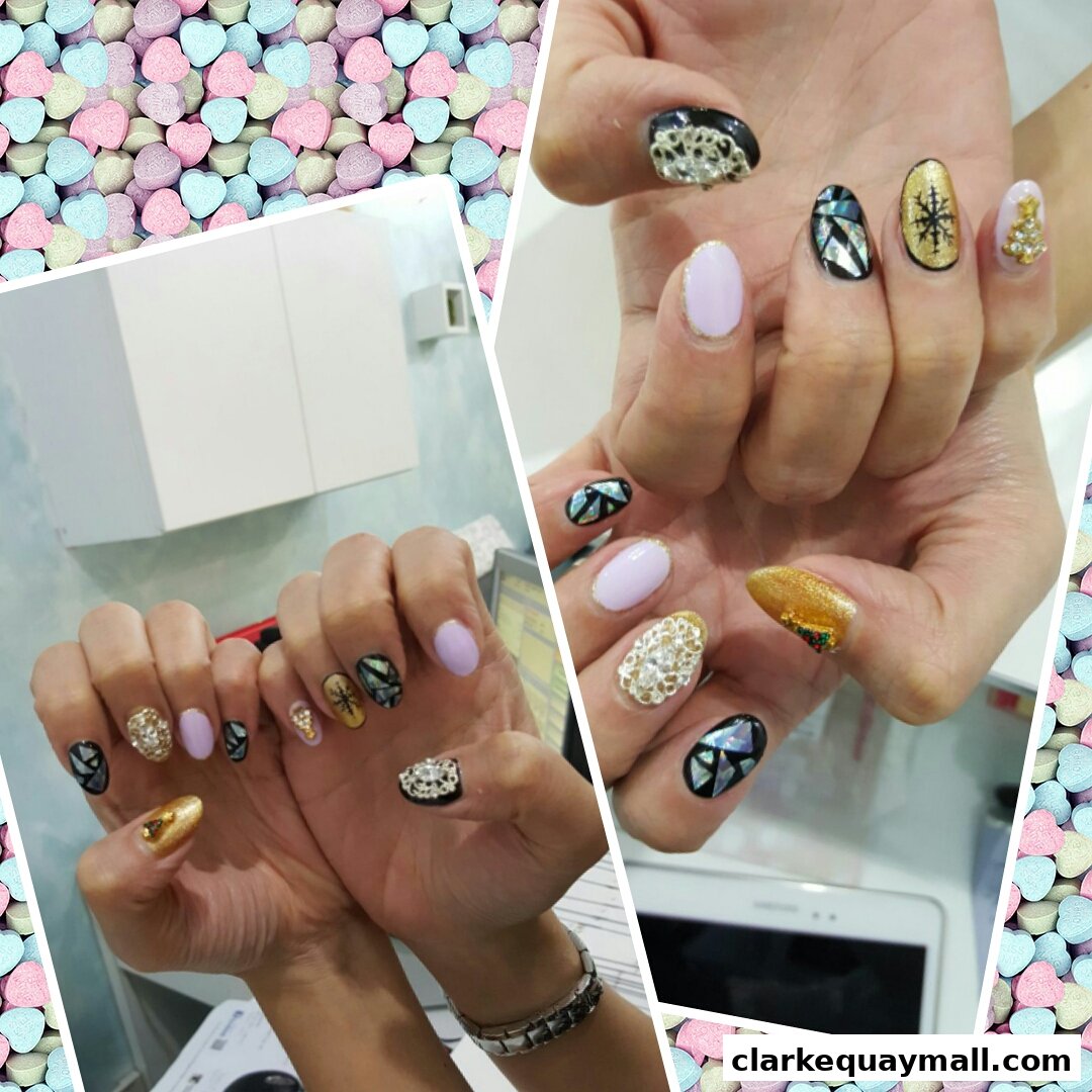 Collage of hands showcasing intricate nail art designs with various embellishments.