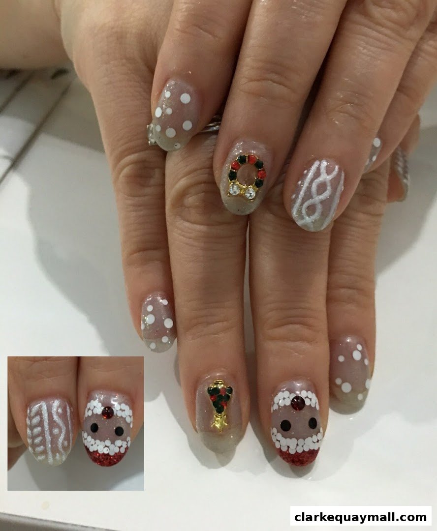 Close-up of hands with festive Christmas-themed nail art, including polka dots and character designs.