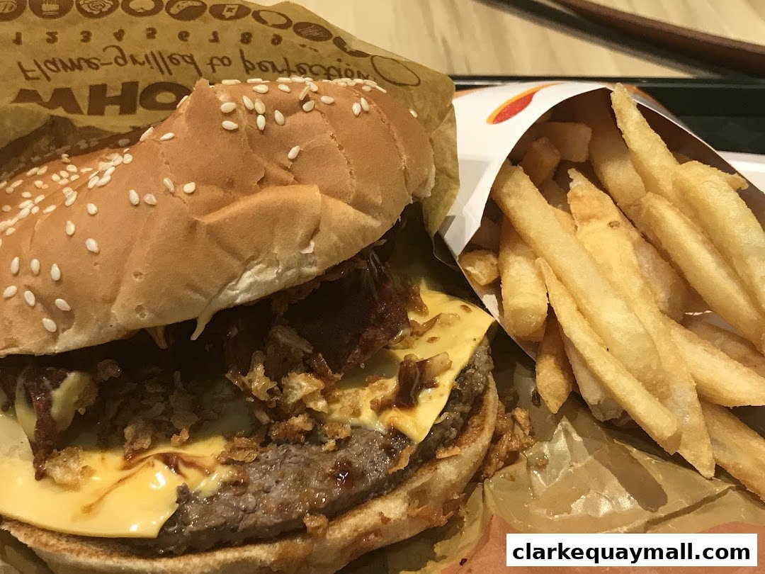 A close-up shot of a juicy burger and crispy french fries from Burger King.