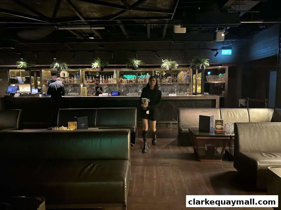 Interior of a stylish bar with plush seating and a well-stocked bar.