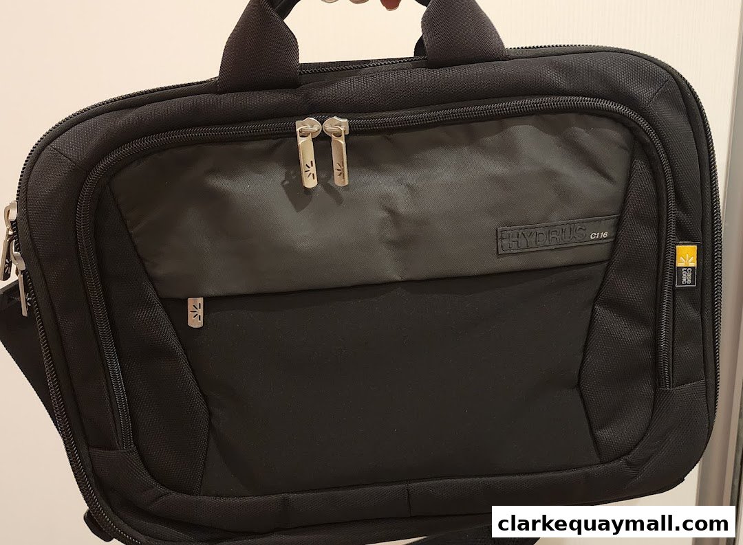 A black Case Logic Hydrus C116 laptop bag with multiple compartments and zippers.