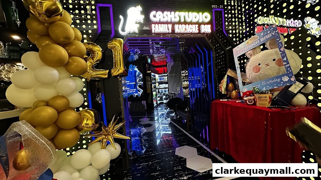 Entrance to Cash Studio Family Karaoke Box decorated with balloons and birthday props.