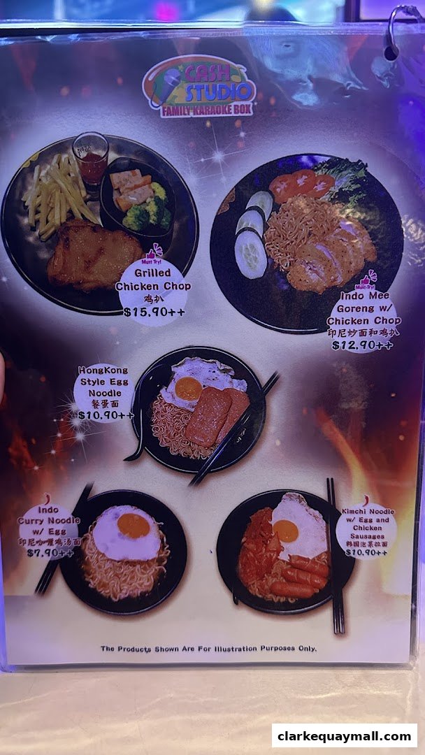 A menu from Cash Studio Family Karaoke Box showcasing various noodle and chicken dishes.