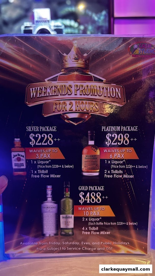 A menu for weekend promotions at Cash Studio, featuring different packages with liquor and tidbits.