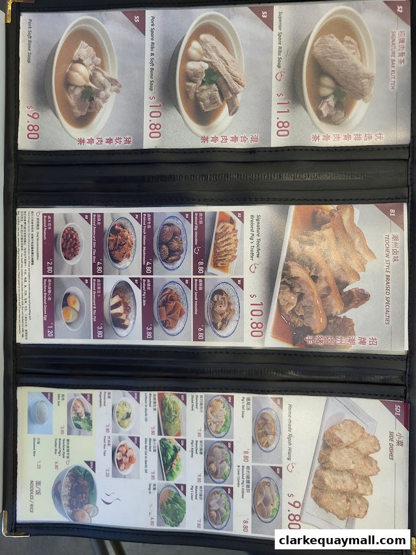 A menu displaying various pork rib soups, braised specialties, side dishes, and noodles.
