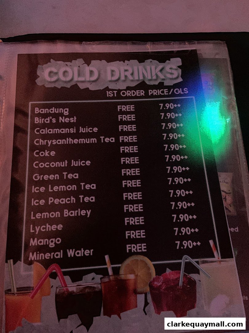 A menu displaying a list of cold drinks with prices and a 'FREE' designation for the first order.