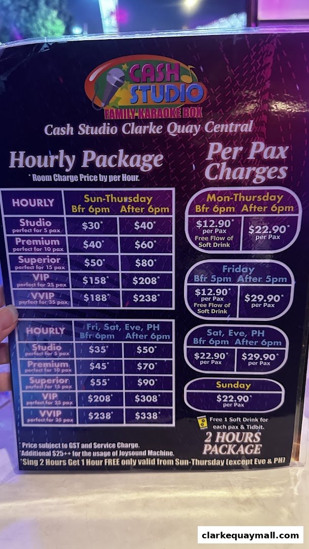 A price list for Cash Studio Family Karaoke Box with hourly and per-person packages.