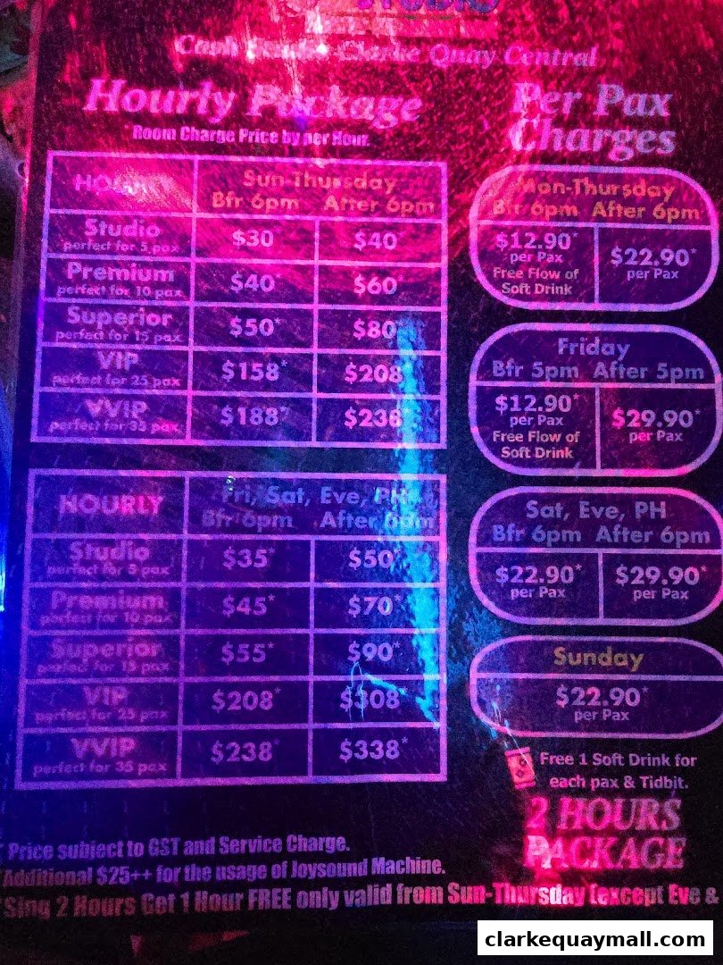 A price list for hourly karaoke packages with different room sizes and time slots.