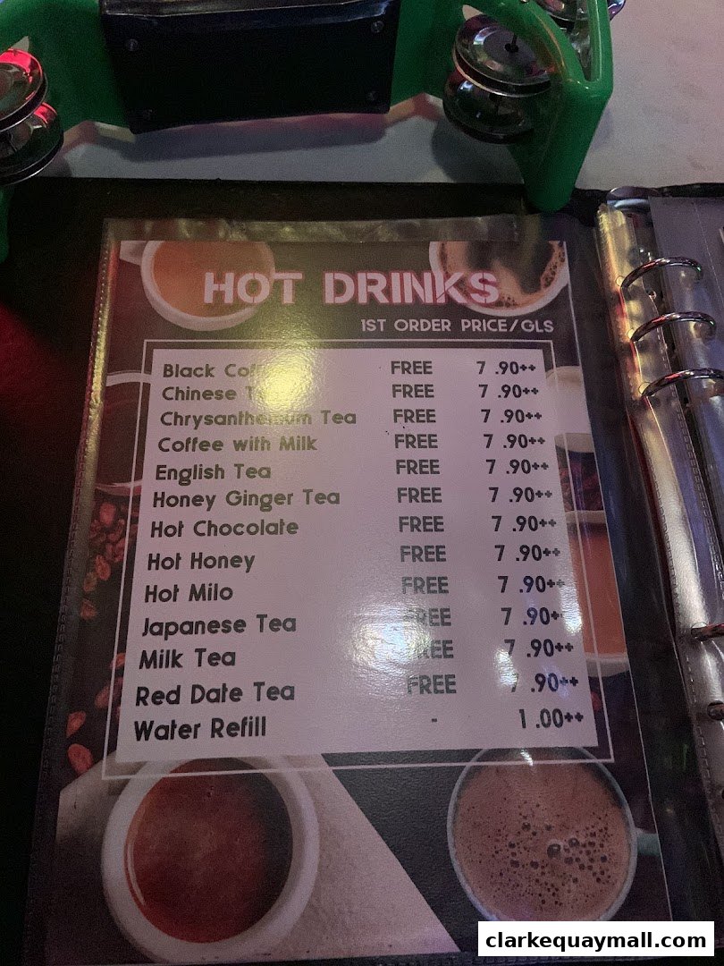 A menu page displaying hot drinks with prices and a 'Free' option for the first order.