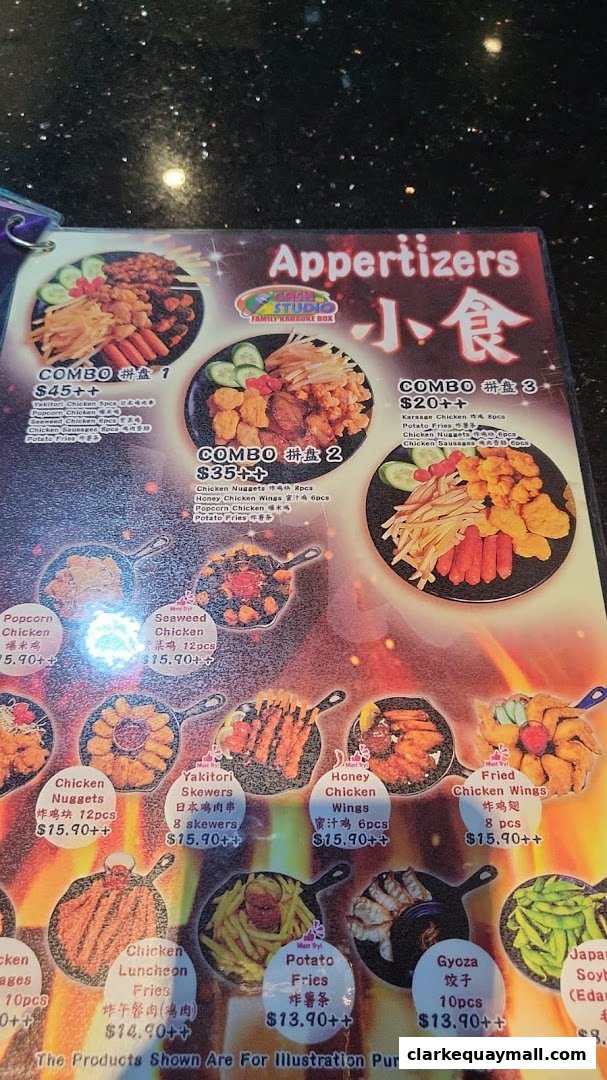A menu featuring various appetizers including combos, chicken dishes, skewers, and gyoza.