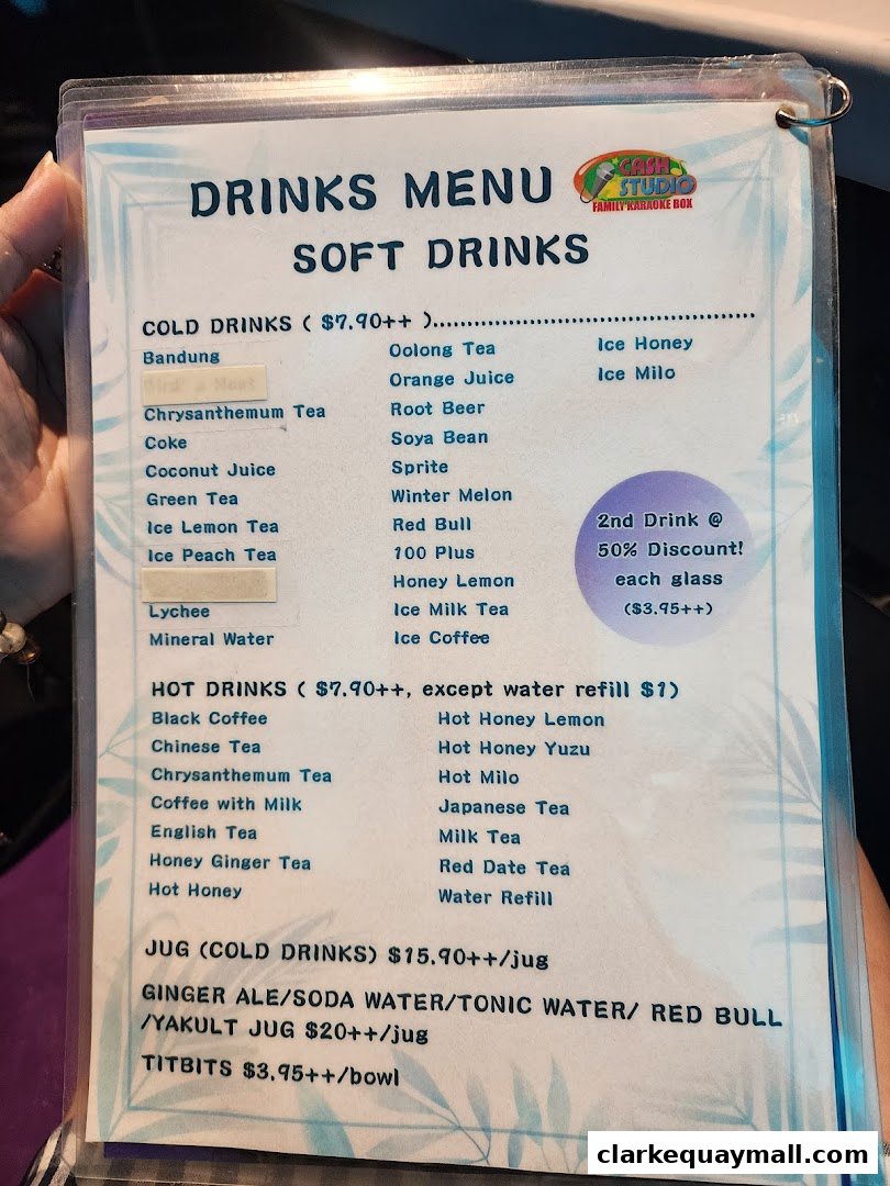 A drinks menu for Cash Studio Family Karaoke Box, featuring soft drinks, hot drinks, jugs, and titbits.