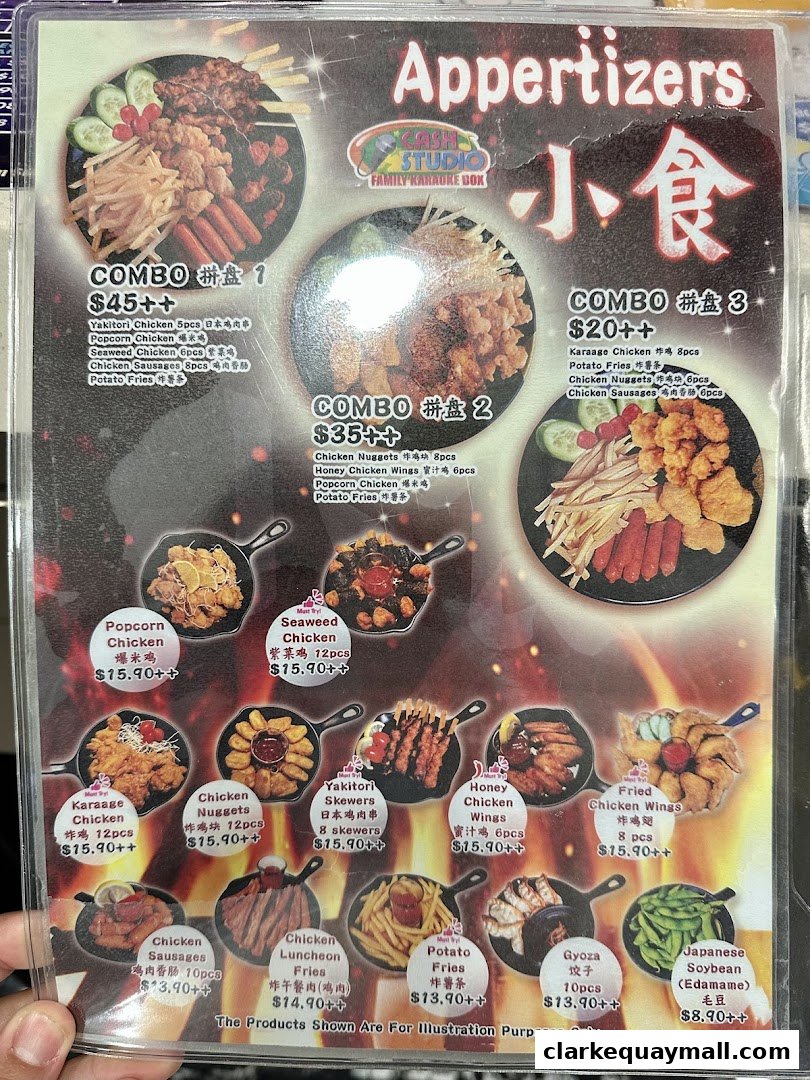 A menu featuring various appetizer combos and individual items like chicken, fries, and gyoza.