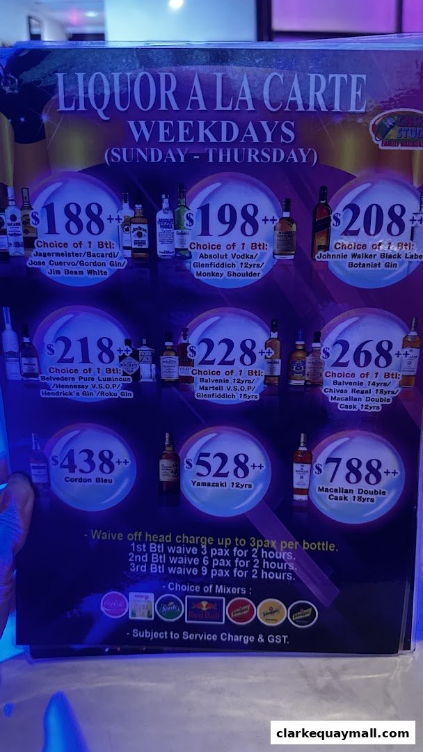 A menu displaying various liquor bottles and their prices for weekdays.