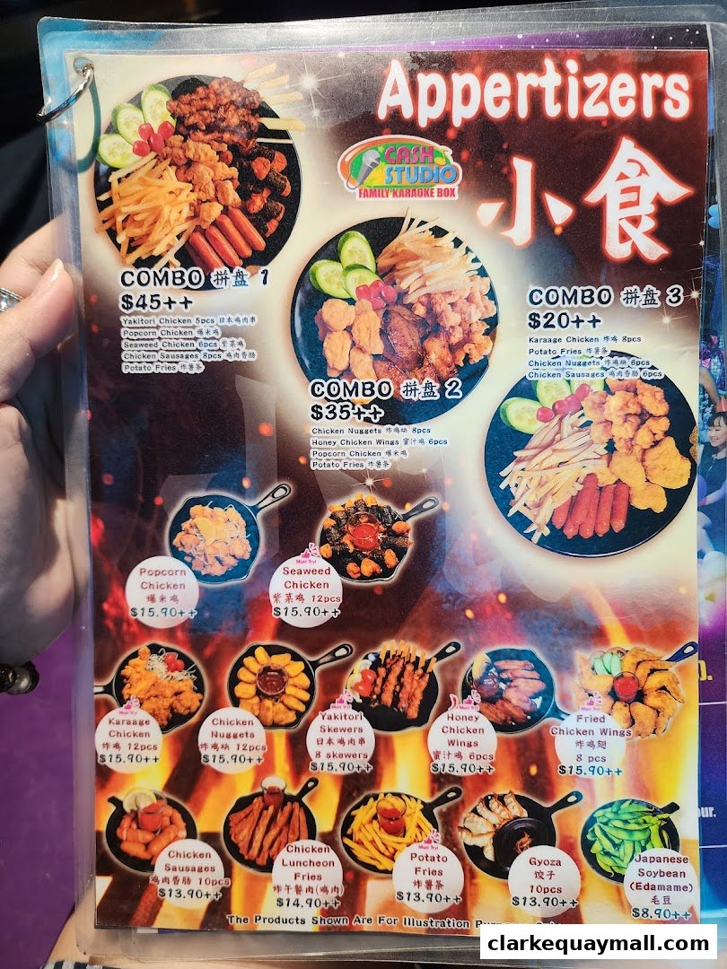 A menu from Cash Studio Family Karaoke Box featuring various appetizer combos and individual items.