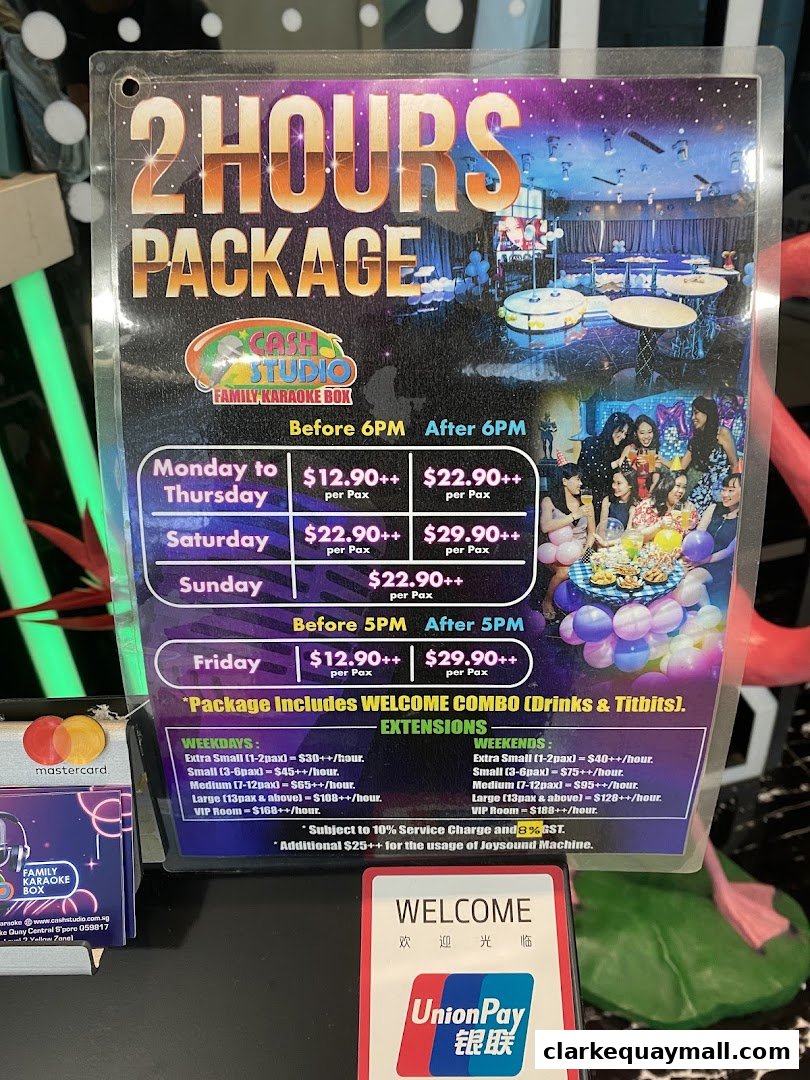 A price list for a 2-hour karaoke package at Cash Studio Family Karaoke Box.