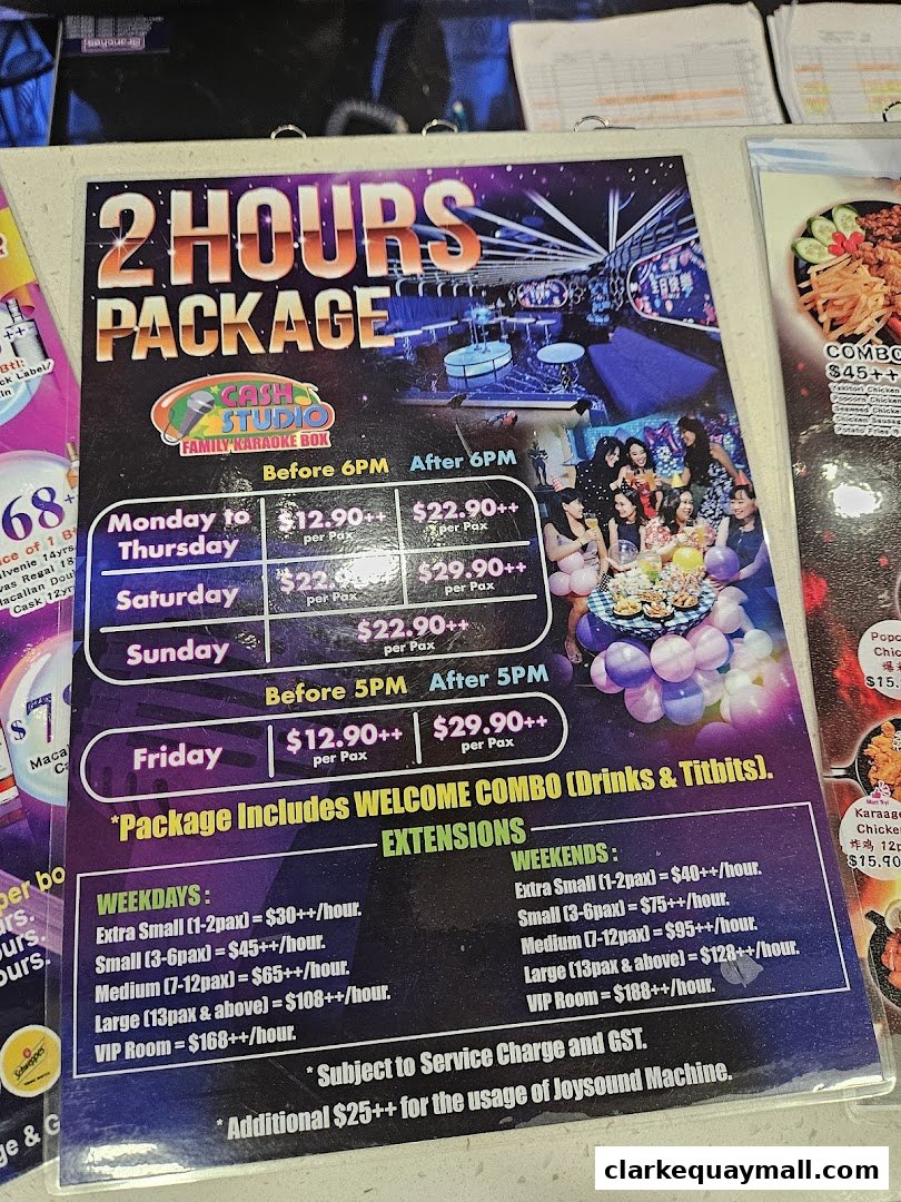 A menu for Cash Studio Family Karaoke Box offering 2-hour packages and extensions.
