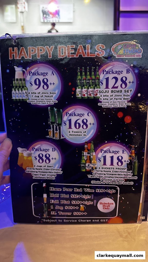 A menu displaying happy hour deals with various drink packages and prices.