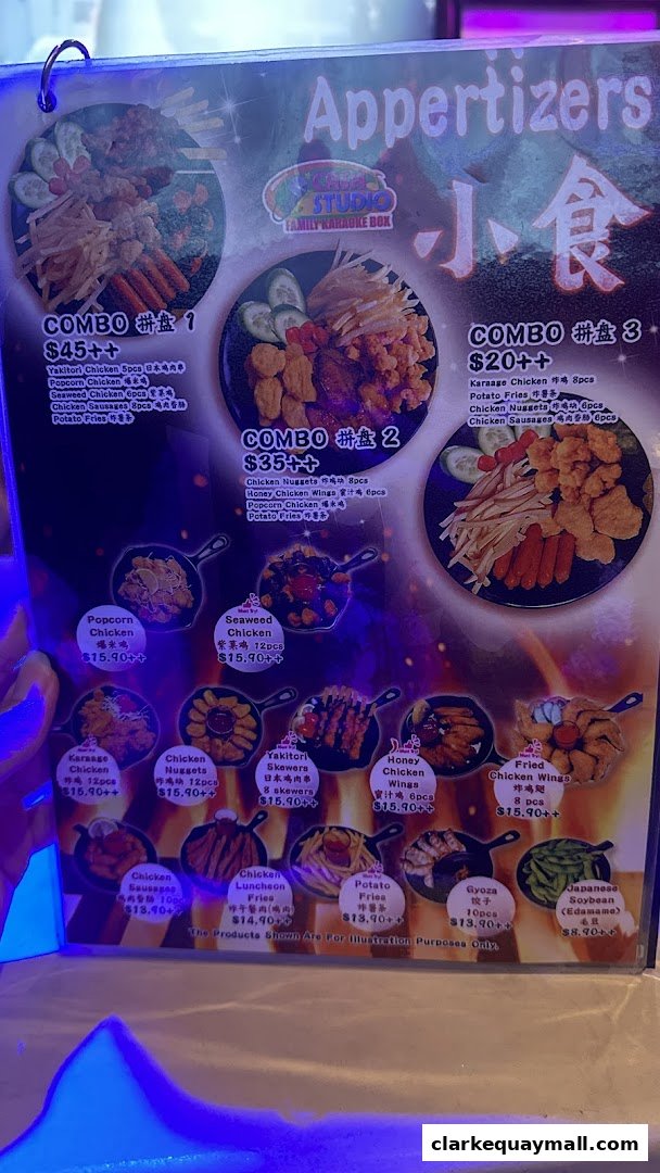 A menu from Cash Studio Clarke Quay Central featuring appetizers and combo meals.
