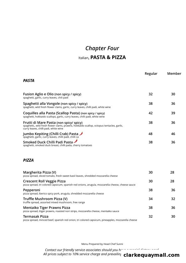 A menu from Chapters by DrinksCo featuring Italian pasta and pizza dishes with prices.