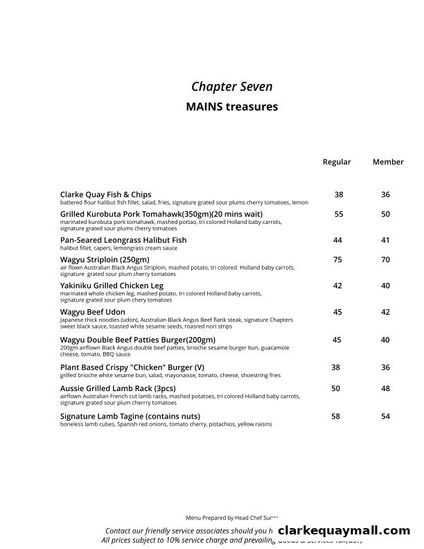 A menu from Chapter Seven featuring main courses with prices for regular and member customers.